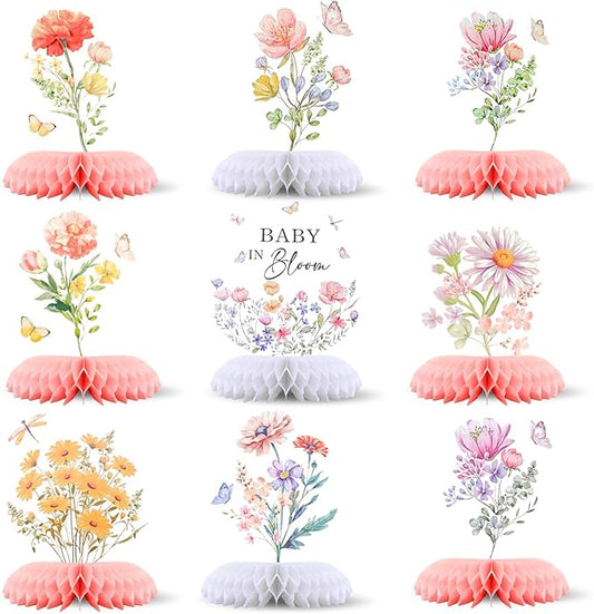 9 Pcs Wildflower Baby in Bloom Baby Shower Honeycomb Decoration Floral Flower Theme Honeycomb Table Centerpieces
