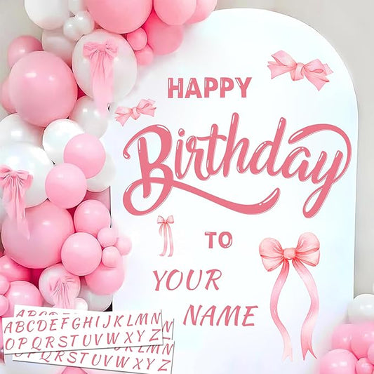 Custom Name Happy Birthday Signs for Backdrop Sweet Girl Birthday Party Vinyl Stickers for Pink Bow Balloon Arch Decoration Women Happy Birthdays Letters Banner Photo Background Sticker Party Supplies