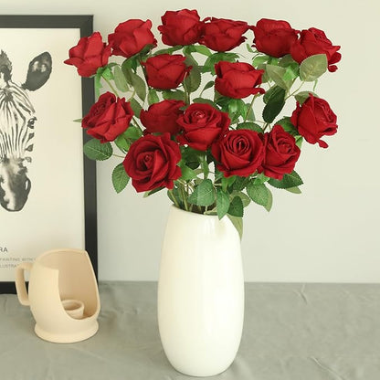 15Pcs Pearl Red Roses Artificial Flowers Fake Roses Long Stem Velet Rose Silk Flowers for Home Wedding Decoration (Pearl Roses,Deep Red)