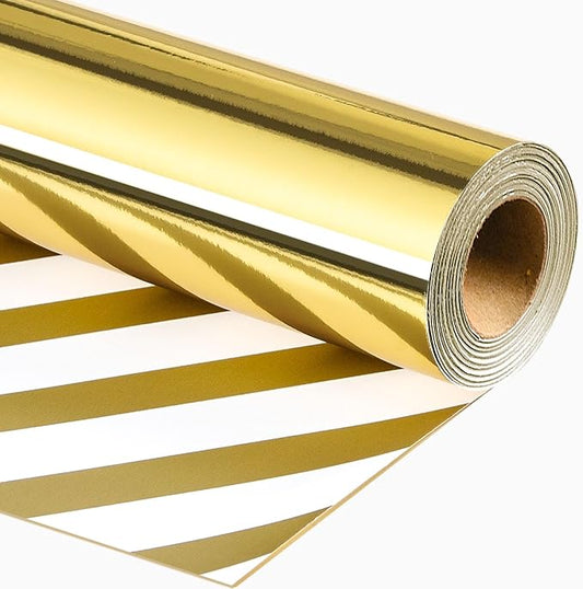 Merture Reversible Gold Wrapping Paper Roll - 17 In X 32.8 Ft(46.5 sq.ft.) Metallic Gold and Stripe Design Gift Wrap for Christmas, Wedding, Birthday, Valentines Day, Mothers Day, Baby Shower
