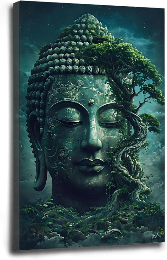 Buddha statue wall art canvas wall decor aesthetic picture mystical nature art for tranquil home and spiritual space 12x18in Wood Framed