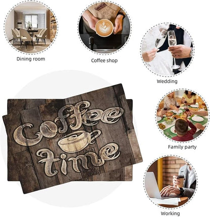 Coffee Linen Table Placemats Set of 4 Coffee Cup Vintage Wooden Print Placemat Indoor Outdoor Party Home Desktop Kitchen Dining Room Decoration 12x18 Inch