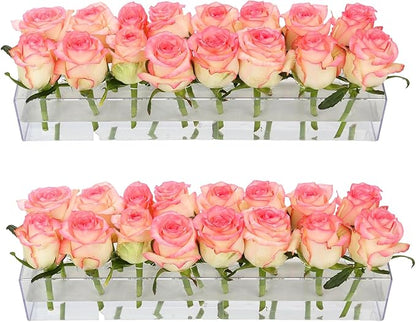 2Pack Clear Acrylic Flower Vase Rectangular, 15.7 Inches Long Floral Centerpiece Low Vases with Holes for Dinning Table, Home Decor, Wedding Decoration