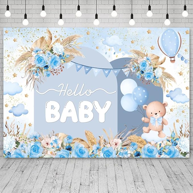 8x6ft Hello Baby Backdrop Blue Gold Boho Floral Bear Baby Shower Photography Background Balloon Stars Clouds Banner Decorations Welcome Newborn Celebration Party Portrait Photo Booth Prop