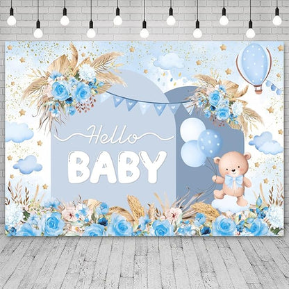 8x6ft Hello Baby Backdrop Blue Gold Boho Floral Bear Baby Shower Photography Background Balloon Stars Clouds Banner Decorations Welcome Newborn Celebration Party Portrait Photo Booth Prop