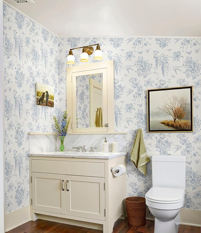Cream White and Blue Peel and Stick Wallpaper Vintage Floral Contact Paper 16.9"x 118.1" Blue Floral Wallpaper Peel and Stick Birds Self Adhesive Removable Wall Paper for Bedroom Bathroom