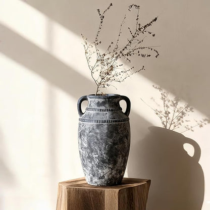 Farmhouse Rustic Ceramic Vase with Handles, 11 inch Gray-White Textured Modern Terracotta Vintage Vases for Home Decor Centerpieces Table Pottery Barn Furniture Decorative (Tall - C)