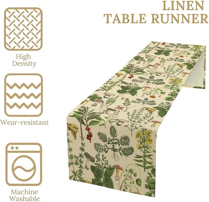 Vintage Botanical Table Runner, Antique 1900s Plants Herbs Mushroom Boho Retro Wildflower Ferns Print Table Runner for Farmhouse Kitchen Indoor Outdoor Decoration, 13x108inch