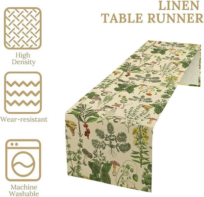 Vintage Botanical Table Runner, Antique 1900s Plants Herbs Mushroom Boho Retro Wildflower Ferns Print Table Runner for Farmhouse Kitchen Indoor Outdoor Decoration, 13x90inch