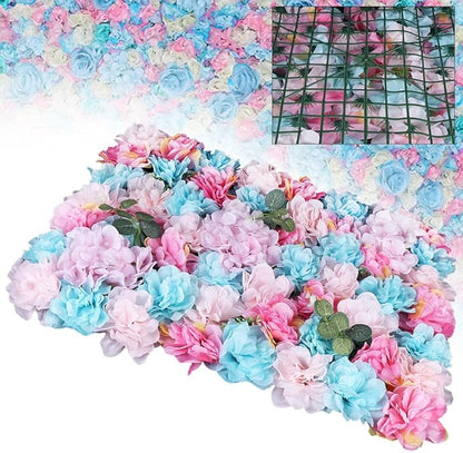 12PCS Flower Wall Panels, 3D Silk Floral Wall Backdrop, Realistic Blue Pink Eucalyptus and Dahlias Flower Backplanes, Roll Up Fake Flower Background for Valentines Wedding Party Home Decoration