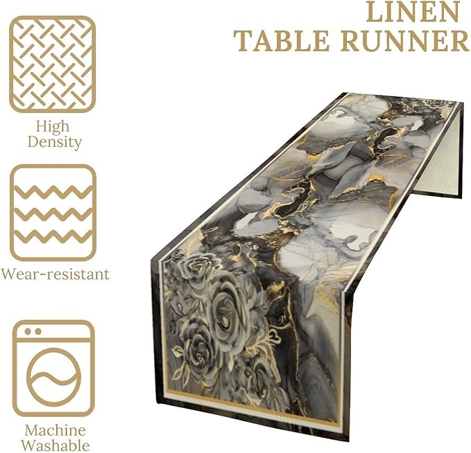 Grey Marble Flower Table Runner, Black Grey Marble Golden Veins Abstract White Natural Texture Floral Dinner Runner Table Decoration for Home Kitchen Dining Holiday Party 13x108in