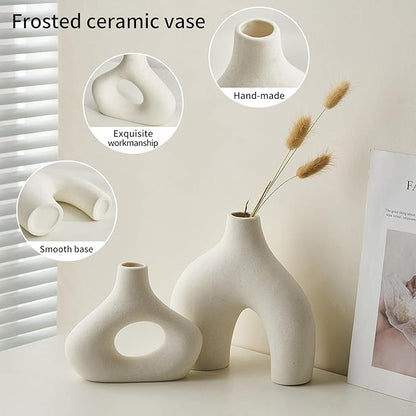 AWNR White Ceramic Vase Set of 2 for Modern Home Decor, Minimalist Round Donut Flowers Vase for Centerpieces Unique Neutral Boho Vase for Living Room Tv Stand Dining Room Dinner Table Decoration