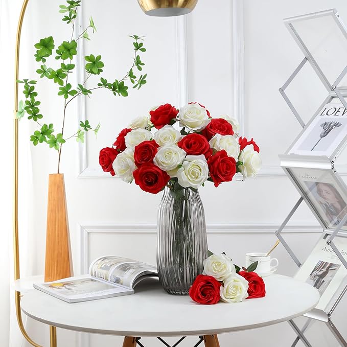 Tifuly Roses Artificial Flowers - 12 pcs Realistic Long Stem Fake Roses Mashup Style Silk Roses for DIY Bouquets Wedding Centerpieces Arrangements Home Party Decor（White & Red）