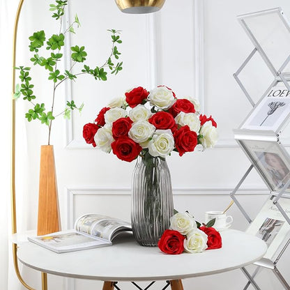 Tifuly Roses Artificial Flowers - 12 pcs Realistic Long Stem Fake Roses Mashup Style Silk Roses for DIY Bouquets Wedding Centerpieces Arrangements Home Party Decor（White & Red）