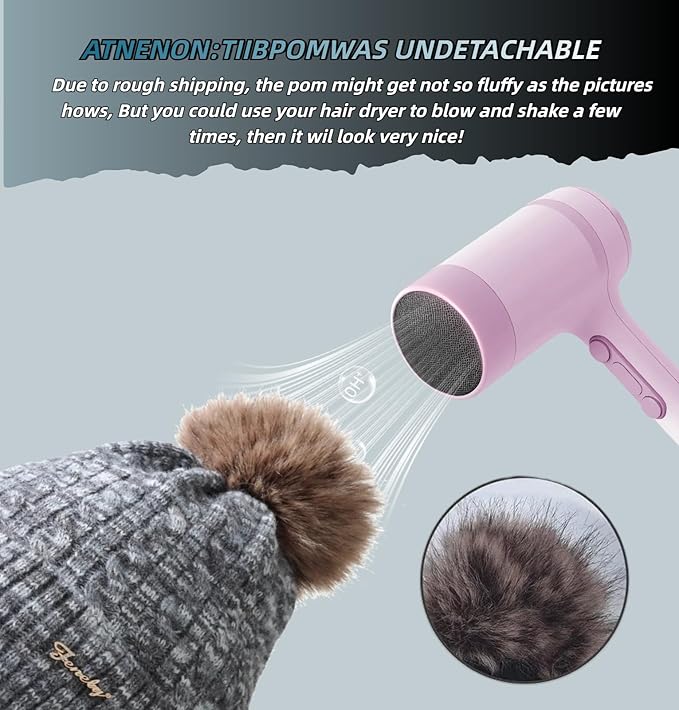 FENELY Women's Knitted Warm Beanie Winter Hat, Warm Chunky Snow Hat with Pompom