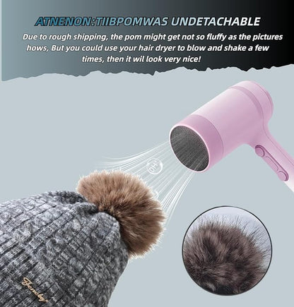 FENELY Women's Knitted Warm Beanie Winter Hat, Warm Chunky Snow Hat with Pompom