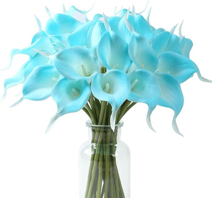 SITUMEIZI 24 PCS Fake Flowers Artificial Calla Lily Silk Flowers Real Touch for Mother's Day Easter Home Kitchen Decor Wedding Bouquet Office Spring Decoration(Peacock Blue)