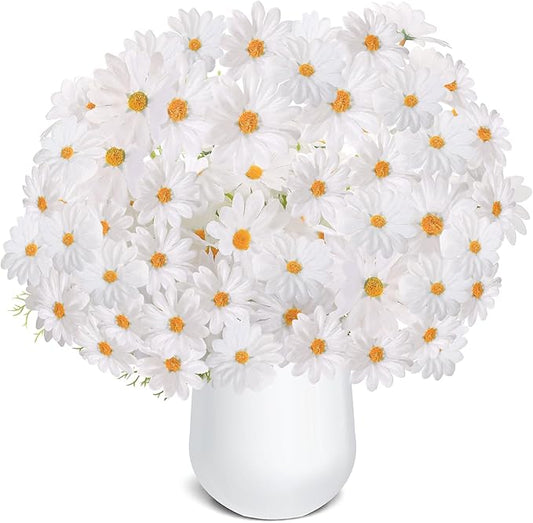 Artificial Daisy Flowers 18" White UV Resistant Outdoor Fake Flowers Faux Daisies with Stems for Home Garden Wedding Vase Decor Silk Wildflowers 8 Bundles