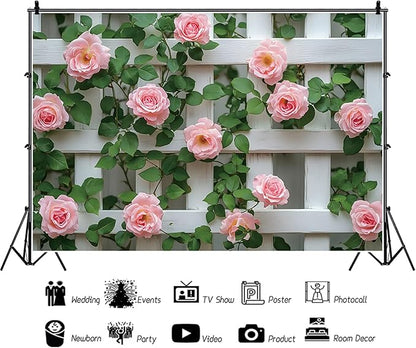 Baocicco 10x8ft Flowers Fence Backdrop Photography Pink Rose Green Leaves White Spring Floral Farmhouse Background for Bridal Shower Wedding Birthday Party Backdrops Decoration Photo Prop Photoshoot