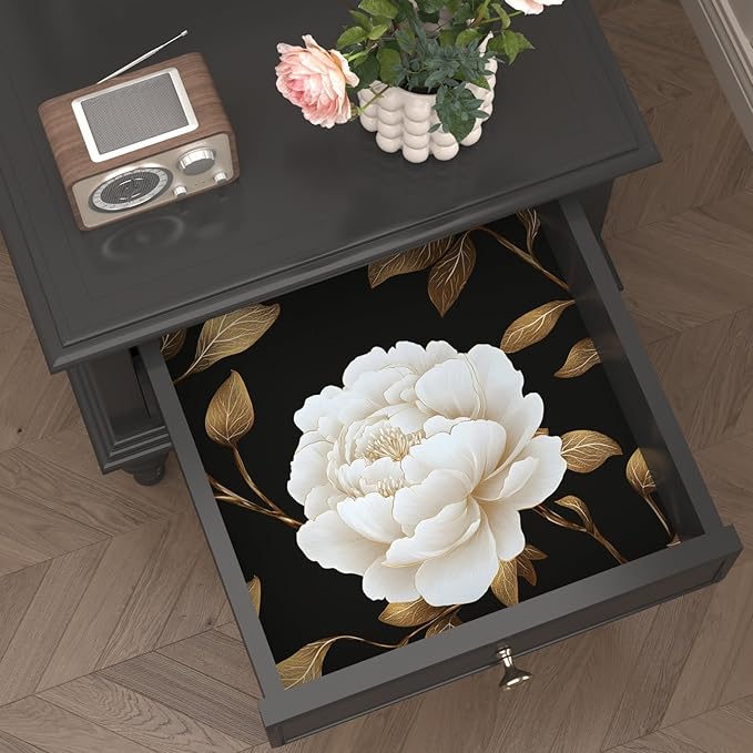 Black Golden Floral Wallpaper Peel and Stick Flowers Contact Paper 17.5in x 118in Vintage Leaf Wall paper Vinyl Waterproof Self Adhesive Dark Botanical Walls Murals for room Cabinet Table Drawer Decor