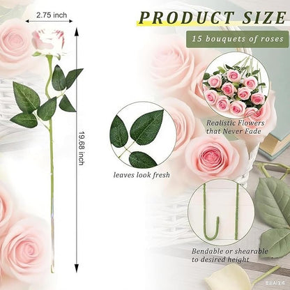Pink Roses Artificial Flowers 15 PCS, Fake Roses Silk Flowers with Long Stems, Faux Rose for Wedding Centerpieces, Home Decor, Indoor Floral Arrangements, Party Decor, DIY Bouquet(Pink)