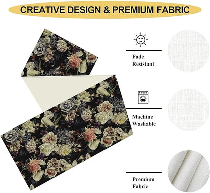 Gothic Floral Table Runner, Vintage White Blue Floral Boho Flower Garden Botanical Spring Seasonal Print Table Center Decor for Family Kitchen Table Decorations Indoor Outdoor 13x36 inch