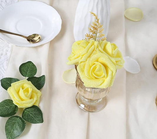 IPOPU Artificial Glitter Roses,25pcs Yellow Roses Glitter Flowers Fake Rose with Stem for DIY Wedding Bridal Bouquet Home Party Decoration(Yellow)