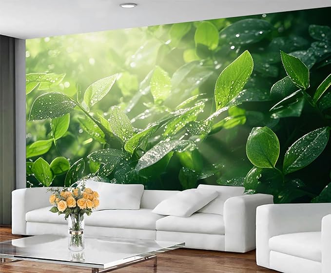 Dewdrops Green Leaf Wall Mural, Botanical Forest Sunlight 3D Wall Murals, Refreshing Nature Wallpaper Mural, for Living Room Bedroom Large Wallpaper Indoor Decor 78.7" W x55.1 H