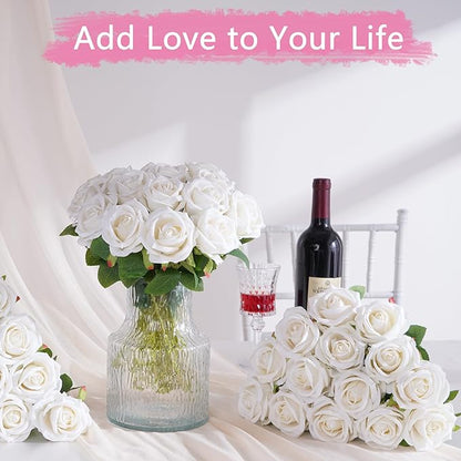 BLEUM CADE 50 Pcs White Roses Artificial Flowers, Real Touch Velvet Roses Fake Flowers Bulk, Artificial Roses Bouquet with Long Stems Bridal DIY Wedding Party Centerpiece Decorations