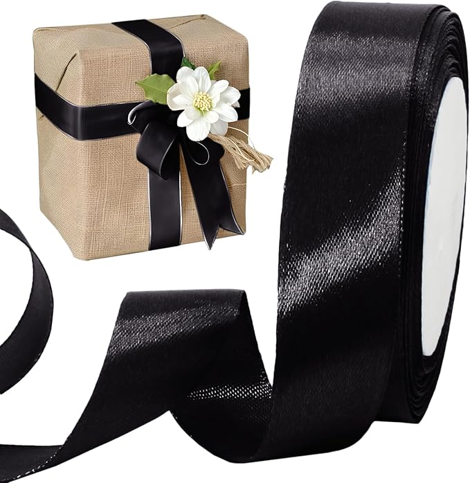 Luomorgo 1 Inch Black Satin Ribbon, 25 Yards Solid Color Ribbon, Fabric Ribbon for Gift Wrapping, Flower Bouquet, DIY Craft, Sewing, Wedding, Birthday Party Decorations