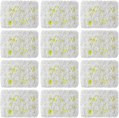 Artificial Flower Wall Panels, Silk Wedding Flower Wall Backdrop Panel, 3D Floral Panel Artificial Floral Wall Mat Flower Screen for Photo Party Wedding Wall Background Decor (12PCS White)
