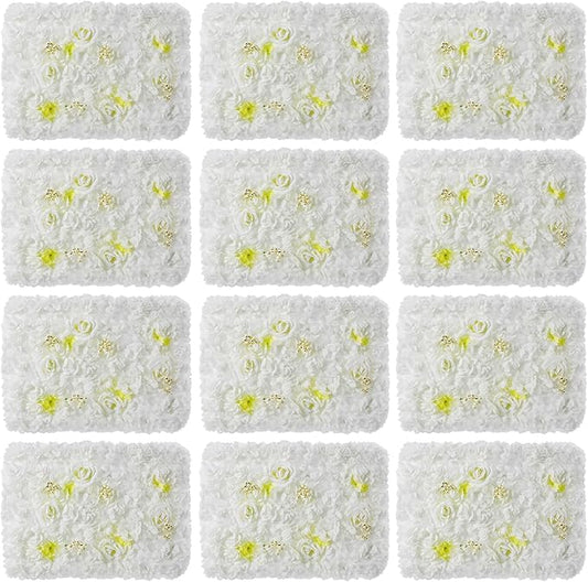 Artificial Flower Wall Panels, Silk Wedding Flower Wall Backdrop Panel, 3D Floral Panel Artificial Floral Wall Mat Flower Screen for Photo Party Wedding Wall Background Decor (12PCS White)