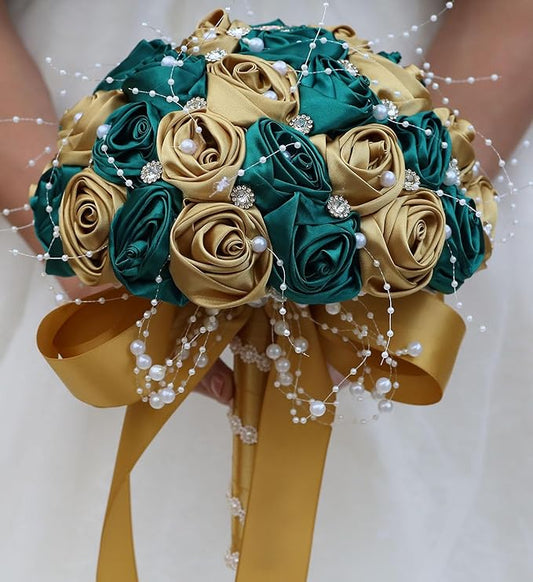 Bridal Wedding Bouquet Round Bling Brooch Bouquet Throw Toss Artificial Rose Flower Bunch for Bride Bridesmaid Wedding Quinceanera(Dark Green & Gold, 7.5")