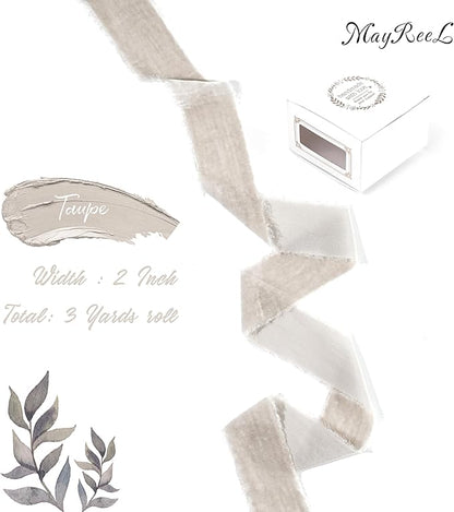 MAYREEL 2 Inch Taupe Velvet Ribbon Hand Torn Beige Silk Frayed Edge Ribbon for Bridal Bouquets Invitations Wedding Vow Books Gift Baskets Hair Bows 3 Yards