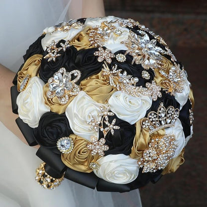 Handmade Satin Rose Floral Bling Pearl Decor Bridal Wedding Bouquet Rhinestone Pendant Artificial Brooch Flowers for Bride Bridesmaid Quinceanera