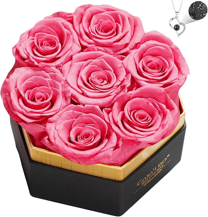 Preserved Roses Flowers for Delivery 7 Pcs, Forever Flores in a Box with Necklace, Eternal Rose Anniversary Birthday Gifts for Women Mom Wife Girlfriend, Rosas for Valentines Christmas, Pink