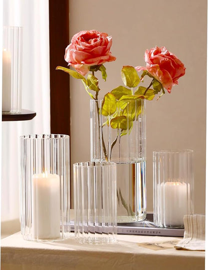 PHOSPHOR 6 PCS Ribbed Glass Candle Holder, Cylinder Candle Holders for Pillar Candles, Clear Glass Hurricane Candle Holders 6'', 8'', 10'' Glass Cylinder Centerpieces Vases