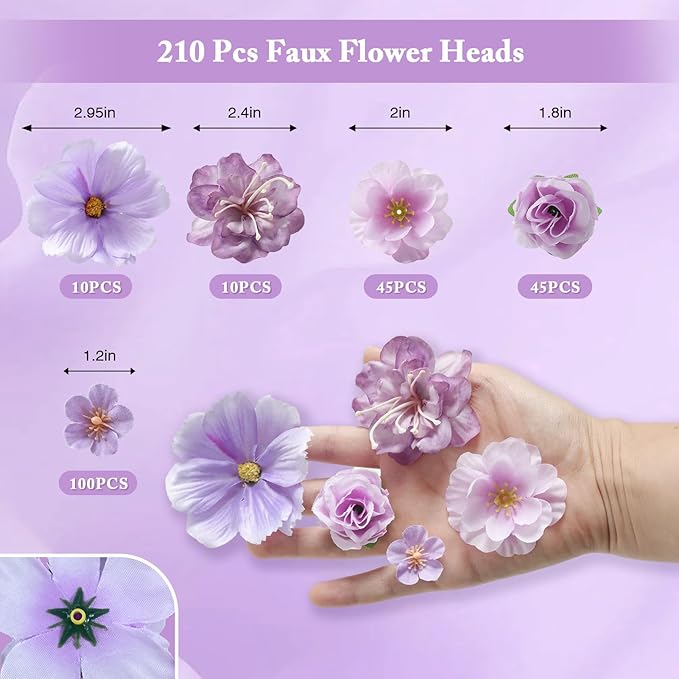 210Pcs Mini Fake Flower Heads Purple Small Silk Faux Flower Heads Artificial Rose Daisy Multicolor Flowers Bulk for Cake Crafts DIY Graduation Cap Wedding Hair Dresses Wreath Party Home Decor