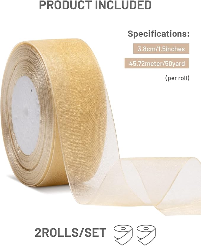 2 Roll Champagne Organza Ribbon 1.5 Inch for Wedding Gift Wrapping, Wedding Invitations, Party Decoration, Crafts