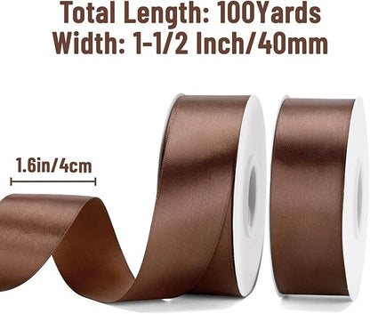 KINGLAKE Brown Satin Ribbon – 1 1/2'' x 100 Yards Polyester Brown Ribbon for Gift Wrapping, Wedding, Party Decoration, DIY Crafts, Floral Bouquets and Wreath Bows