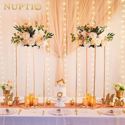 Nuptio Gold Vases for Centerpieces Wedding with Acrylic Panel - 2 Pcs 31.5 inch Tall Metal Flower Vase Flowers Stand - Elegant Bulk Weddings Decoration Table Geometric Centerpiece for Party Tables