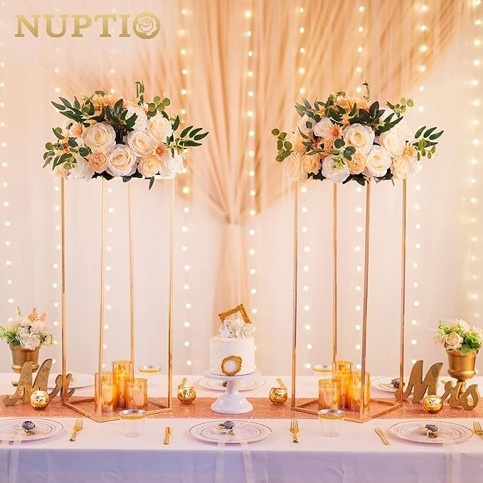 Nuptio Gold Vases for Centerpieces Wedding with Acrylic Panel - 10 Pcs 31.5 inch Tall Gold Vase Wedding Centerpieces for Tables - Geometric Centerpieces Table Flower Stand for Weddings Centerpieces