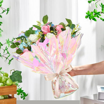 Seajan 32 in x 200 ft Iridescent Cellophane Wrap Roll, Rainbow Wrapping Paper Holographic Cellophane Wrap for Baskets Flower Bouquet DIY Treats Christmas Gifts Wrapping (Red Iridescent)