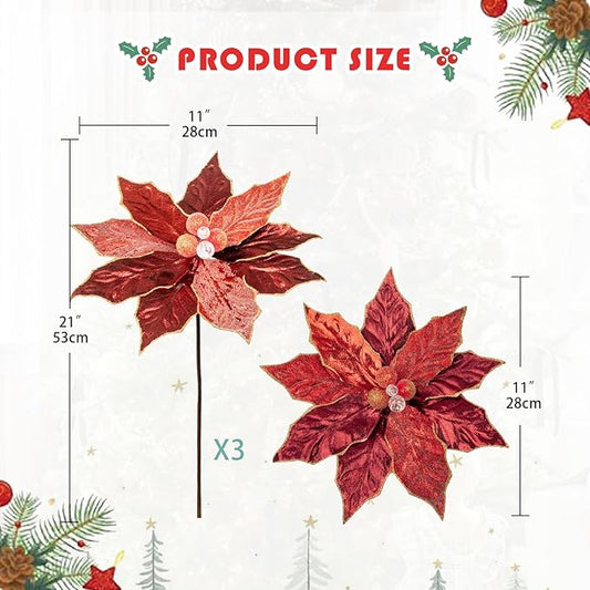 Hollyone 3PCS Poinsettia Christmas Flowers Artificial 11" Large Red Glitter Poinsettia Flowers Christmas Tree Ornaments Floral Picks for Tree Wreath Garland Vase Table Centerpiece Home Decor