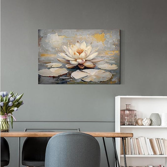 Ethereal white lotus floating on Crystal Waters poster vintage oil painting printwall art soft blush and gold accents serene home and office decor dreamy 16x24in Wood Framed