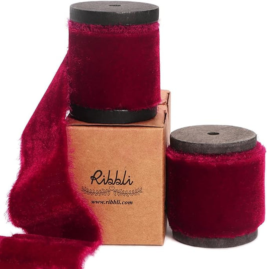 Ribbli Burgundy Velvet Ribbon 1.5 Inch Handmade Frayed Vintage Christmas Ribbon for Gift Wrapping Christmas Tree Ornament Wreath Craft Home Decor -Total 3 Yards with Wooden Spool