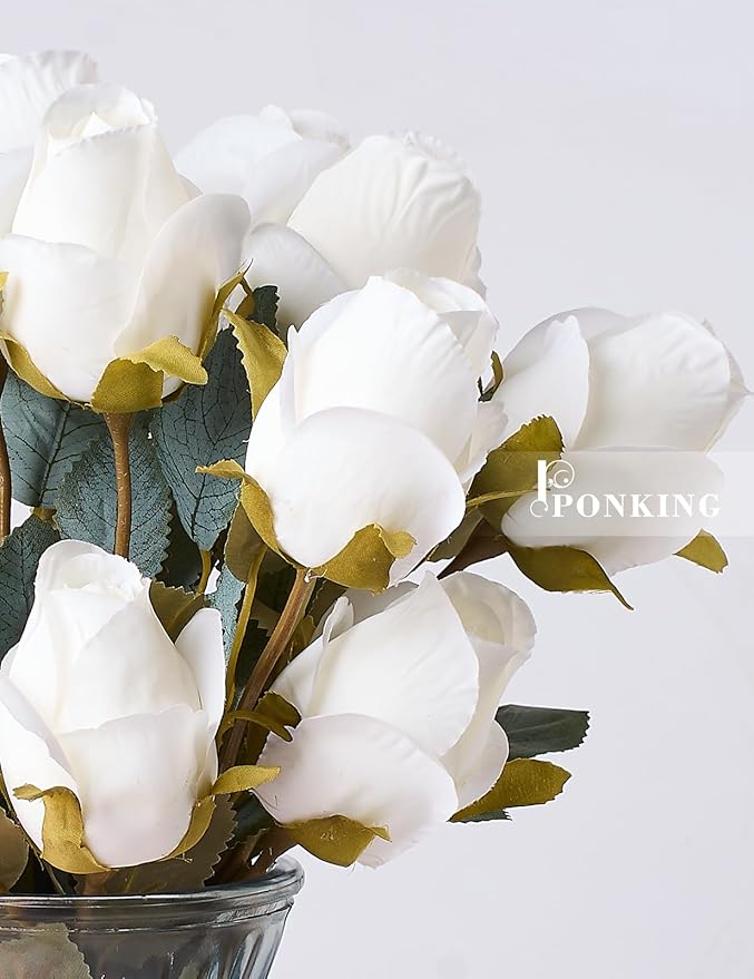 Rose Artificial Flower Buds 12pcs Realistic Faux Silk Roses Fake Flowers Bouquets Arrangements Decor for Wedding Spring Mother's Day, Home Table Decorations, Beige Flower
