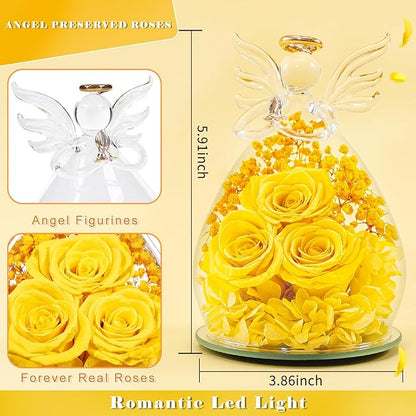 Beferr Christmas Birthday Gifts for Women, Mom Gifts for Christmas Fresh Flowers for Delivery Prime Forever Preserved Rose in Glass Angel Figurine Xmas Gifts for Grandma Wife Sister Her, Yellow