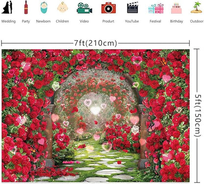 Valentines Day Flowers Garden Backdrops Red Rose Spring Floral Scene Photography Backdrop Girls Birthday Bridal Shower Wedding Party Decorations Banner Photo Booth Props (7x5FT(82 x 59 inch))