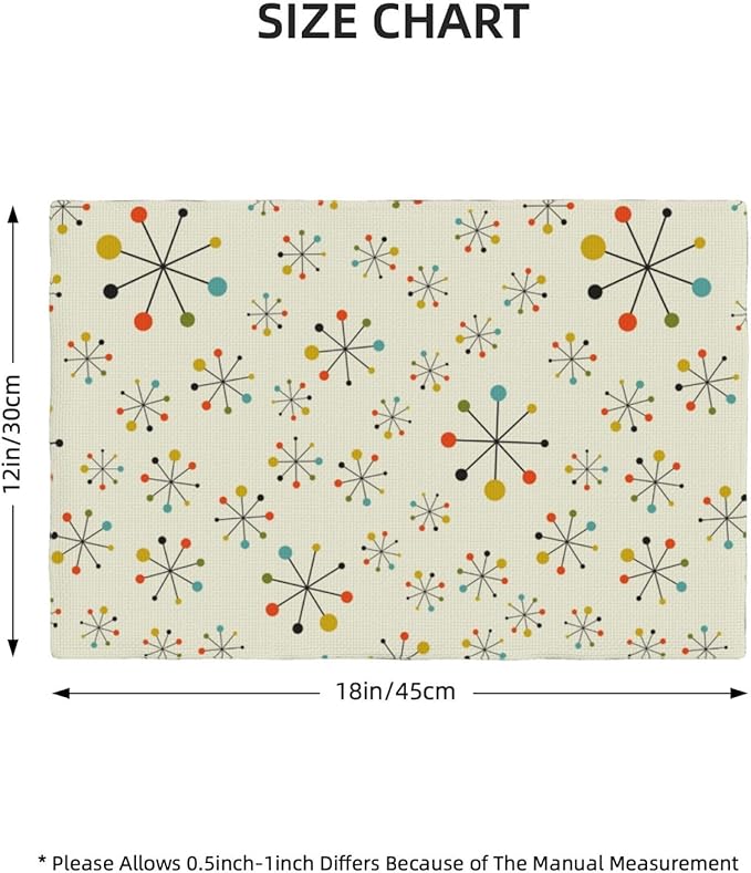 Mid Century Retro Placemats Set of 6 Yellow Kitchen Table Mats for Dining Farmhouse Holiday Home Decor,Linen Washable Place Mats 12x18 6 PCS, Style-18